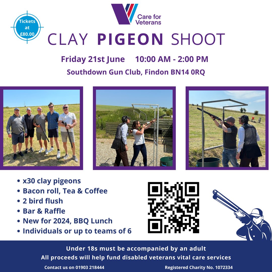 Friday, June 21st, 2024 | 10 AM – 2 PM 📷 Southdown Gun Club, Findon, BN14 0RQ Experience the excitement of clay pigeon shooting with a welcoming BBQ lunch. Questions? Call Myra at 01903 21844 *Under 18s must be accompanied by an adult. careforveterans.org.uk/events/clay-pi… #careforveterans