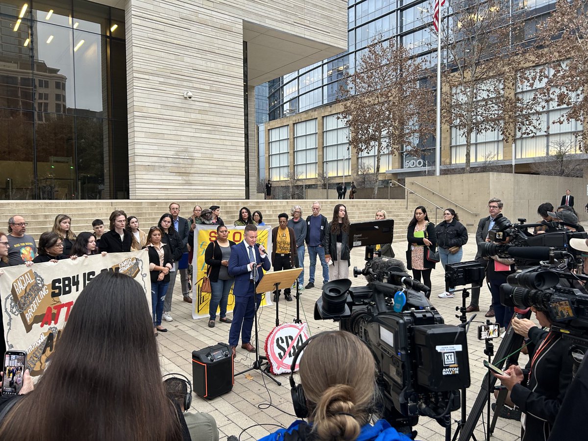 Happening Now! ⁦<a href="/TXCivilRights/">Texas Civil Rights Project</a>⁩ is at federal court in #ATX with <a href="/ACLUTx/">ACLU of Texas</a>⁩ ⁦<a href="/ACLU/">ACLU</a>⁩ to ask a federal judge to not allow #SB4 to take effect March 5. 

SB4 is a racist attempt by Gov Abbott to hunt/imprison migrants for political points. 

Follow TCRP for updates!