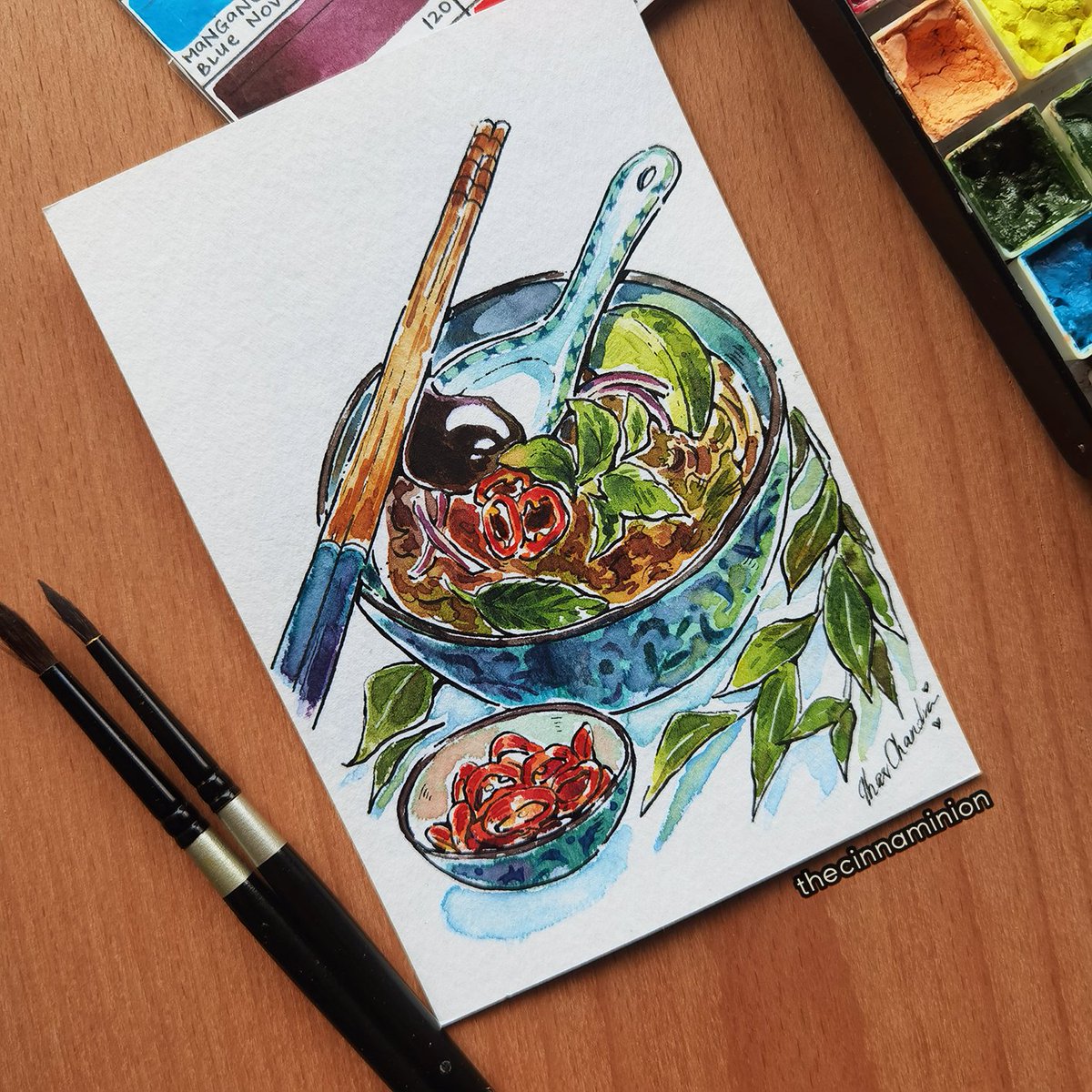 Asam laksa anyone? 😂 What I'd give for a hearty bowl right now! Yes. At the time of posting. 😂 Once again painted on postcard-sized paper. ✨