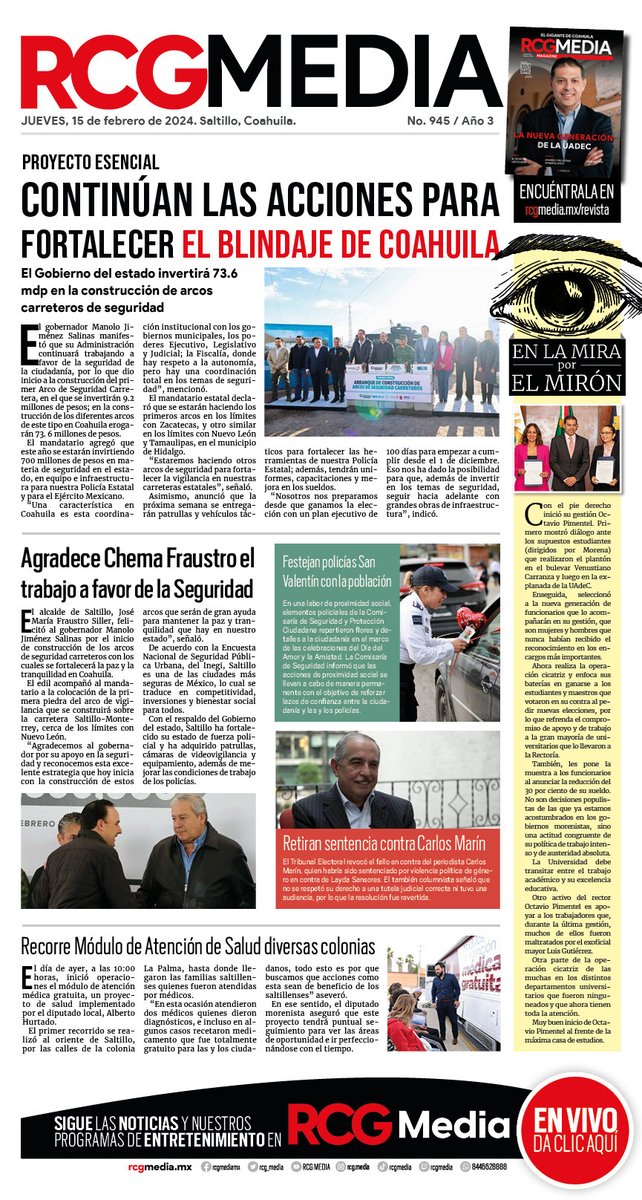 rcg_media's tweet photo. #BuenosDías 🌧️ Hoy en portada: 📰 Continúan las acciones para fortalecer el blindaje de Coahuila💪🛡️; agradece Chema Fraustro el trabajo a favor de la Seguridad 👮👏 y más noticias... 👉https://t.co/IEVaVqJmx1 https://t.co/CXZd1gxCGF