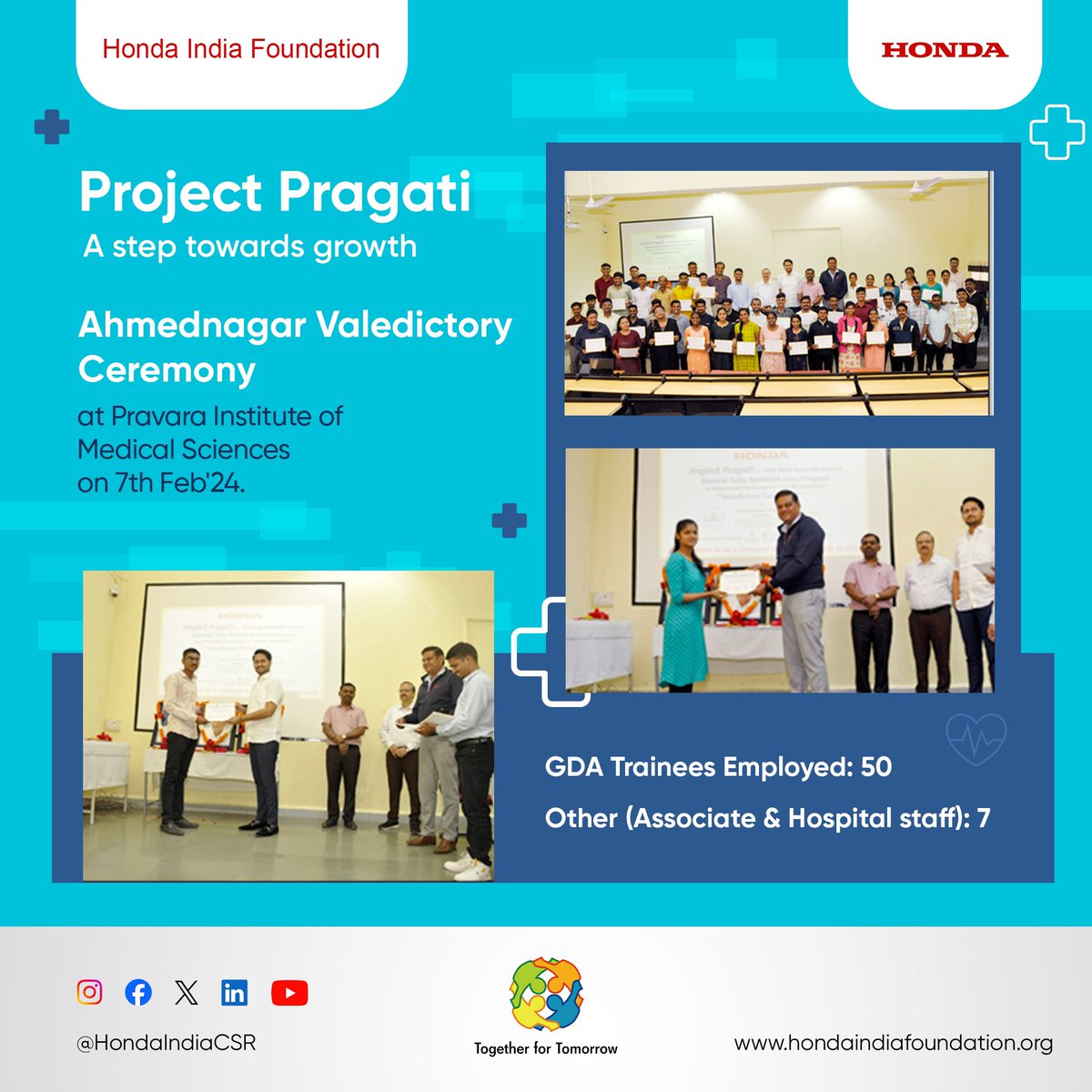 Over 295+ GDA trainees across these locations have got placed with reputed hospitals.

#HondaIndiaFoundation #HIF #CSR #RuralDevelopment #HealthCare #RuralHealthcare #ProjectPragati #RuralYouth #SkillEnhacement #SkillIndia #SkillDevelopment #Honda