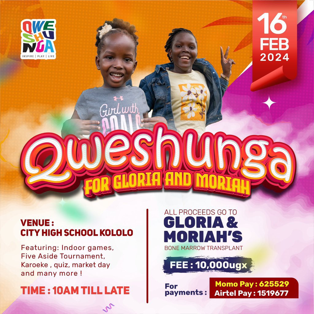 FREE Sickle Cell screening ⬇️

Know your sickle cell status - Join us at the #Qweshunga event happening this FRIDAY at City High School, Kololo.

Entrance is 10k (proceeds go towards supporting #SickleCellWarriors Gloria & Moriah’s surgeries in India)