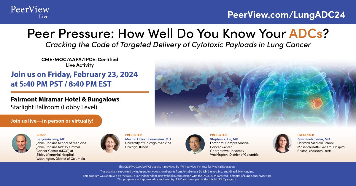 Improve your #NSCLC knowledge of the biology, structure, characteristics, &amp; mechanisms of action of novel #ADCs by watching <a href="/benlevylungdoc/">Benjamin Levy</a> host a competition featuring <a href="/marinagarassino/">Marina Garassino</a>, <a href="/StephenVLiu/">Stephen V Liu, MD</a>, &amp; <a href="/ZPiotrowskaMD/">Zosia Piotrowska</a>. 2/23 at 5:25 PM PST during #TTLC24: bit.ly/LungADC24T