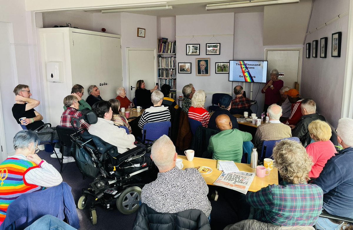FurzedwnProject's tweet photo. A packed out morning with our guest speaker @JaneTraies talking about her latest project ‘3000 Lesbians Go To York’ an extraordinary true story of how a lesbian bookseller (who also happened to be trans) created the largest gathering of #LGBTQ+ women in the UK #LGBTplusHM https://t.co/wrE4DDHVzb