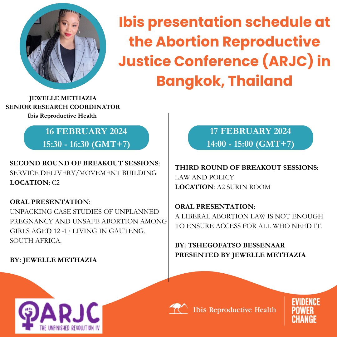 IbisRH's tweet photo. Our Ibis Reproductive Health team is in Bangkok for #ARJC! Our RSA Senior Research Coordinator, Jewelle Methazia will present two papers with a focus on unplanned pregnancy and abortion laws in South Africa.
#AfricaRegionStrategy #ARJC2024 https://t.co/T33SJyeiXf