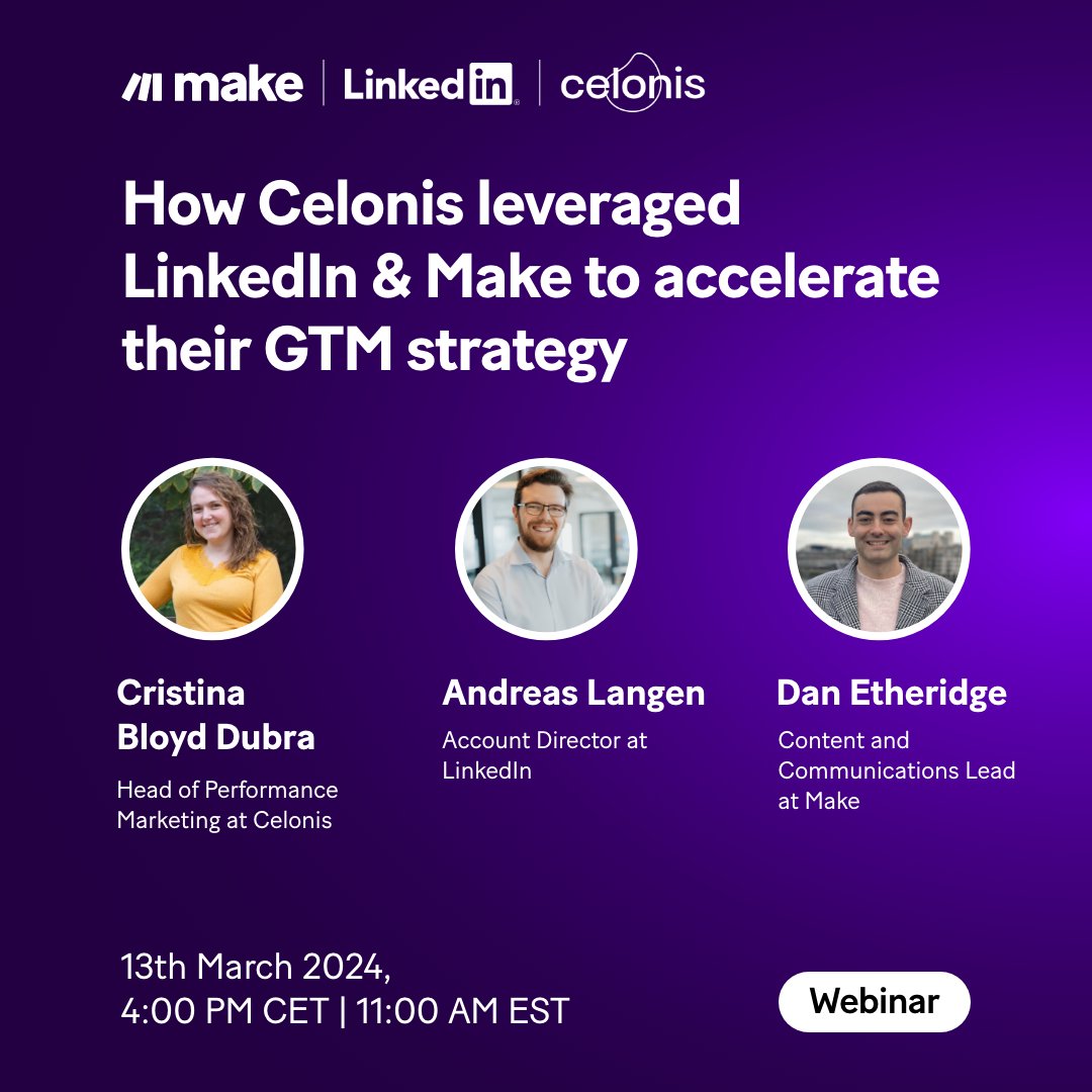 Driving growth requires constant innovation in your Go-To-Market (GTM) strategy. Join our exclusive #webinar to get some fresh inspiration from @Celonis and @LinkedIn 💡 📅 Date: 13th March 2024 🕒 Time: 4:00 PM CET | 11:00 AM EST 🔗 Secure your spot now: bit.ly/3T0R7rV