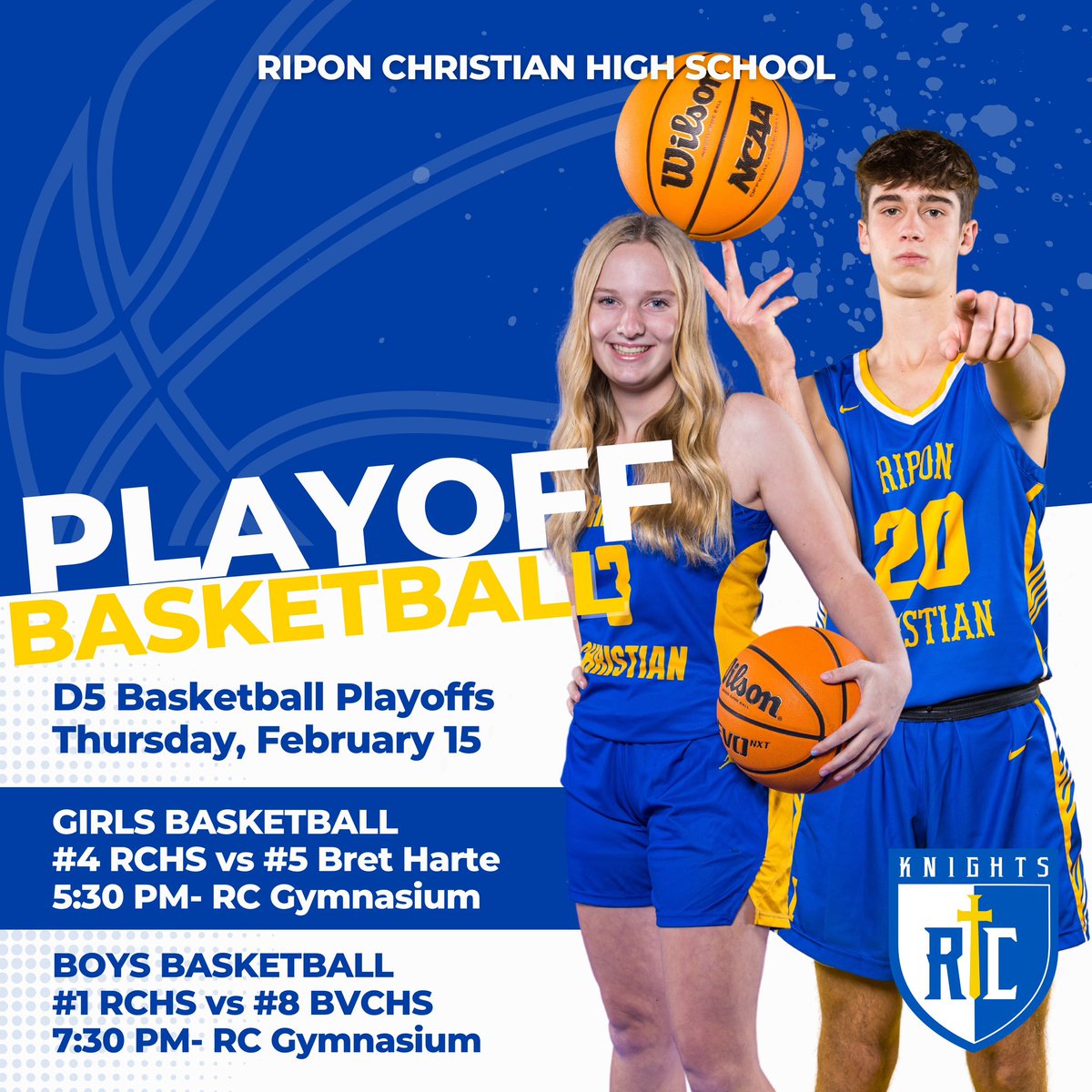 Ripon Christian Boys Basketball 🏀 (@rcknightsbball) on Twitter photo 🚨KNIGHTS 🏀 GAME DAY🚨
It’s a CIF playoff home game doubleheader inside the RCHS Gymnasium as both of our <a href="/RCKnights/">Ripon Christian Athletics</a> girls’ & boys’ 🏀 programs host visiting schools in the CIF-SJS Quarterfinal Round
🚨CIF-SJS D5 Quarterfinal Round
🏀 #4 Girls vs #5 Bret Harte HS / #1 Boys vs 🚨KNIGHTS 🏀 GAME DAY🚨
It’s a CIF playoff home game doubleheader inside the RCHS Gymnasium as both of our <a href="/RCKnights/">Ripon Christian Athletics</a> girls’ & boys’ 🏀 programs host visiting schools in the CIF-SJS Quarterfinal Round
🚨CIF-SJS D5 Quarterfinal Round
🏀 #4 Girls vs #5 Bret Harte HS / #1 Boys vs