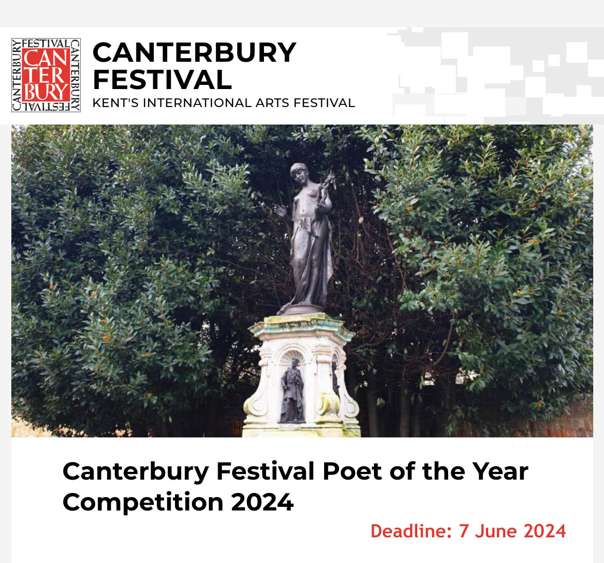 Time to get writing! Announcing the Launch, on 4 March - of the @CanterburyFest 2024 Poet of the Year Competition. More details can be found here: bit.ly/3SEDLQw #poetrycommunity #poetrycompetition #kentwriters