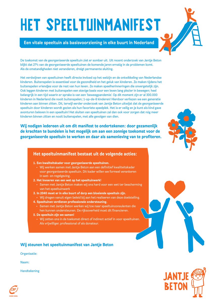 Als we niks doen, verdwijnt binnen nu 5 jaar 27% van alle georganiseerde speeltuinen in Nederland. Kinderen kunnen dan nóg minder #buitenspelen. Dat kunnen en moeten we voorkomen. Samen! Onderteken daarom nu het #speeltuinmanifest van <a href="/JantjeBeton_nl/">Jantje Beton</a> hier: jantjebeton.nl/speeltuin-van-…