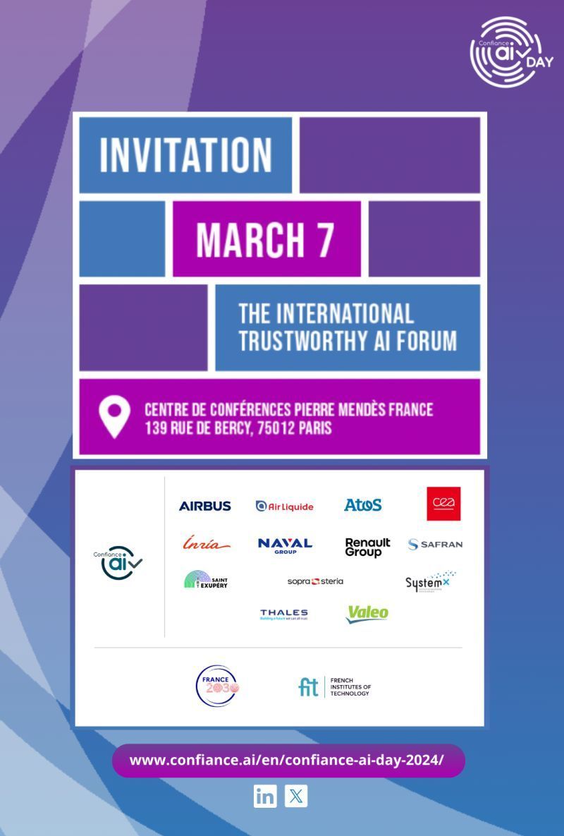 👋 Trustworthy #AI on your mind? Ever heard of @confianceAI?

⏰ Join us on March 7, 2024, for #ConfianceAIday to discover the methods and tools deployed by Confiance.ai and meet with the French and international engineering and scientific communities