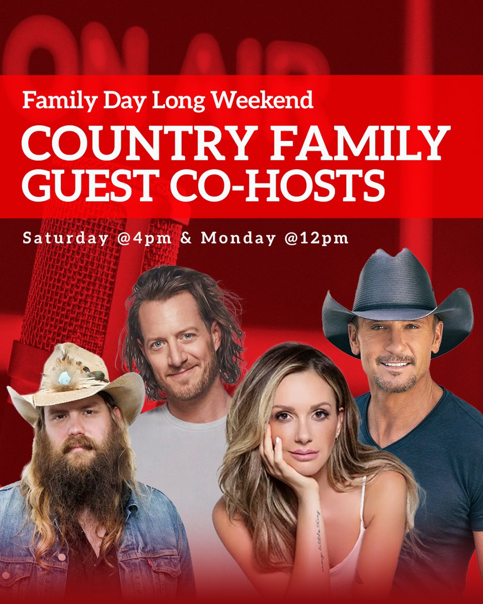 We’re celebrating this long weekend with our Country Family as Special Guest Co-Hosts! Join us to hear unforgettable stories and memories from Tim McGraw, Carly Pearce, Tyler Hubbard, Chris Stapleton and more. 📆 Saturday at 4pm PLUS again on Holiday Monday at 12pm noon!