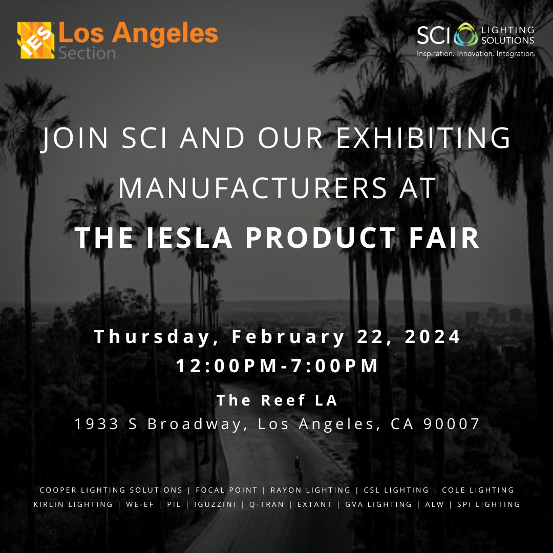 sci_lights's tweet image. We’re one week away from the IESLA Product Fair! We hope to see you there! Click here to for additional details and to register to attend: ow.ly/WsT950Qzq4L 

#IES #IESLA #Lighting #LightingDesign #JoinUs #IESLAProductFair #SCILights
