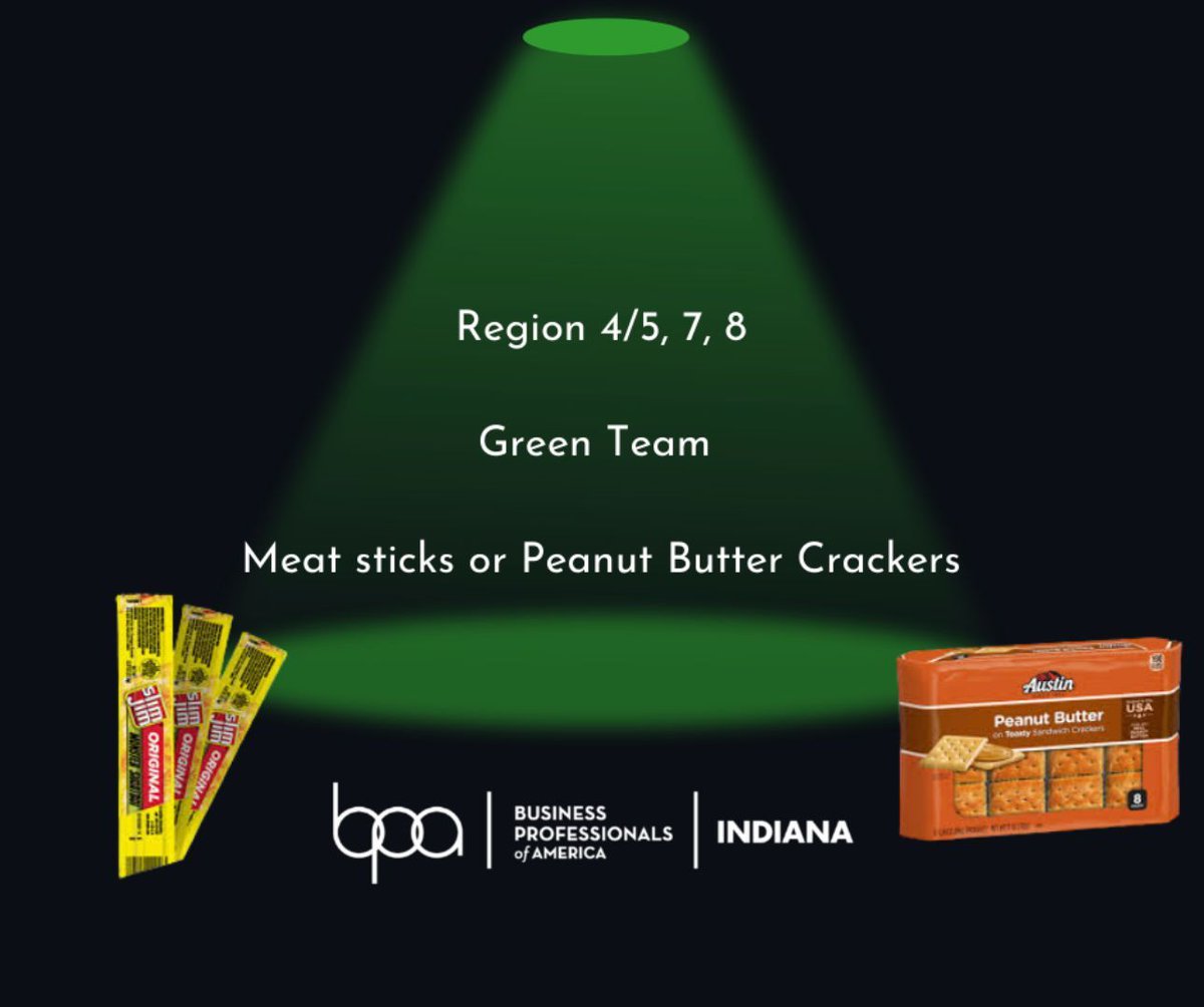 Our next Color Team is TEAM GREEN! This team includes Regions 4/5, 7 & 8. We're asking EACH MEMBER of Team Green to bring either 7 meat sticks or 7 packs of peanut butter crackers to our SLC Service Project! Reach out to your Region President w/any questions #yearofservice #INBPA