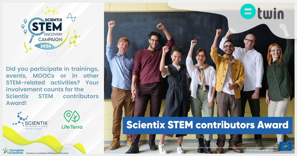 🎉Did you participate in trainings, events, MOOCs and more? You could be considered for the Scientix STEM Contributors Award supported by <a href="/twin_science/">Twin Science</a>!

🏆Winners will be invited to the 2024 #SPW in Brussels! 🇧🇪

✨Co-organised by <a href="/LIFETerraEurope/">Life Terra</a> 

👉bit.ly/sdc24-awards