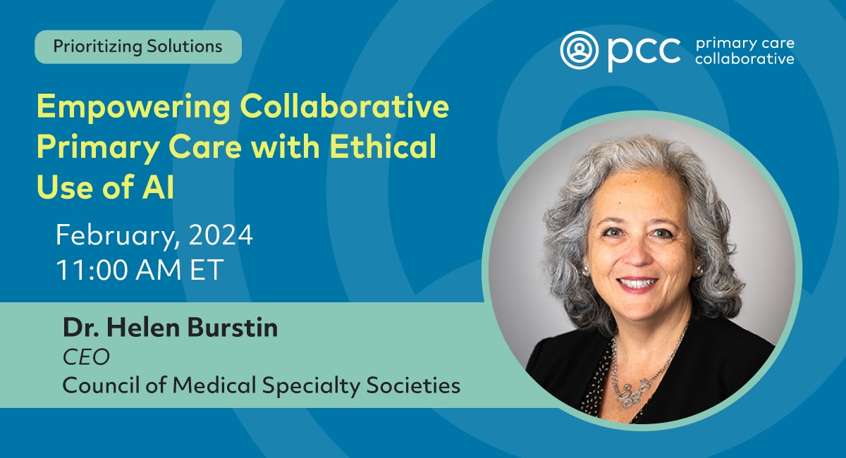 CEO of @CMSSmed and professor @GWSMHS, @HelenBurstin, will be joining our Feb webinar! As a physician leader committed to improving #HealthCare for all, she will share her insights on how #AI can be used ethically to foster collaborative #PrimaryCare. ow.ly/syHM50QAzEx