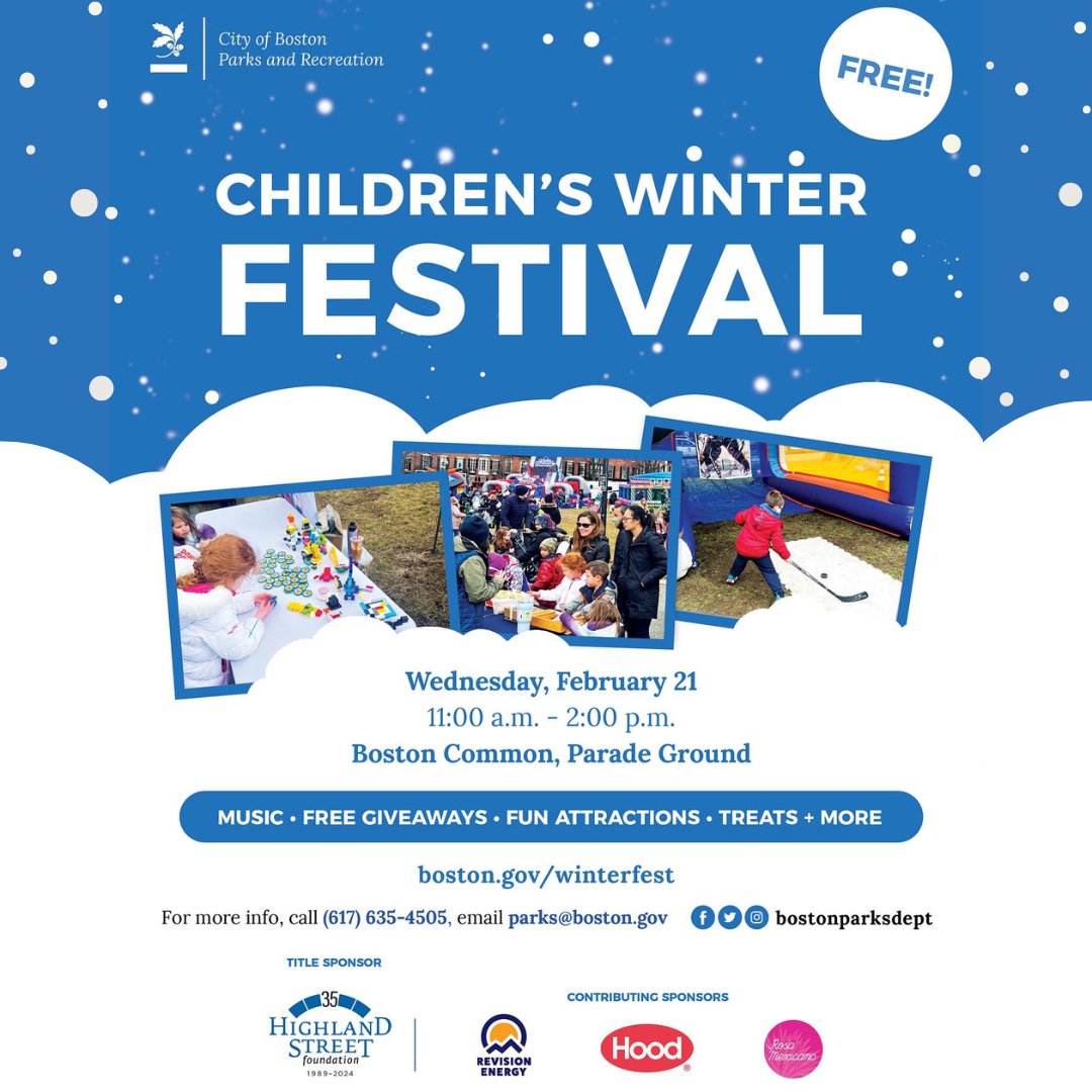 Hey Boston, are you ready for some winter fun during school vacation week? Join us for the Children's Winter Festival! Wednesday, February 21 11 a.m. - 2 p.m. Boston Common boston.gov/winterfest