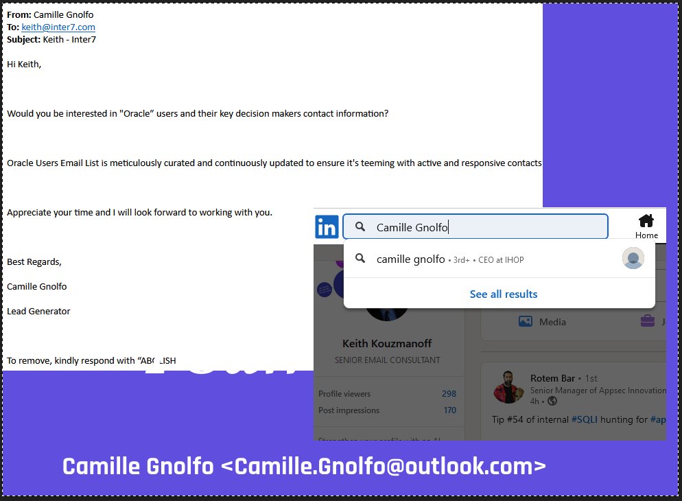 emailmp's tweet photo. Camille went from CEO of IHOP to Oracle corporate espionage. #emailspam #spam #whyemailspamisbad #emaillist #emailscrapper #emailscam https://t.co/JAlh0rnpY7