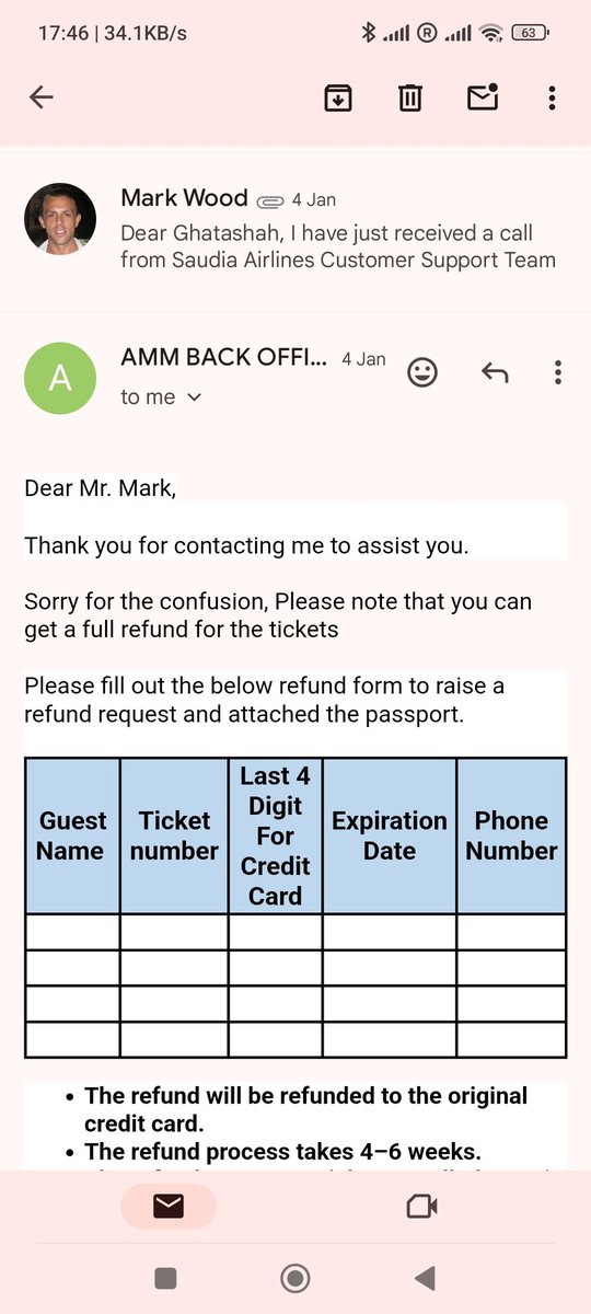 mark_wood's tweet photo. @Saudi_Airlines @Saudia_Care here's one of the emails from your team stating I can get a full refund. According to YOUR team I am entitled to a FULL refund with NO CANCELLATION FEES because the layover time was reduced to 20 minutes due to the scheduled change of the airline. https://t.co/klGjgYPCuv