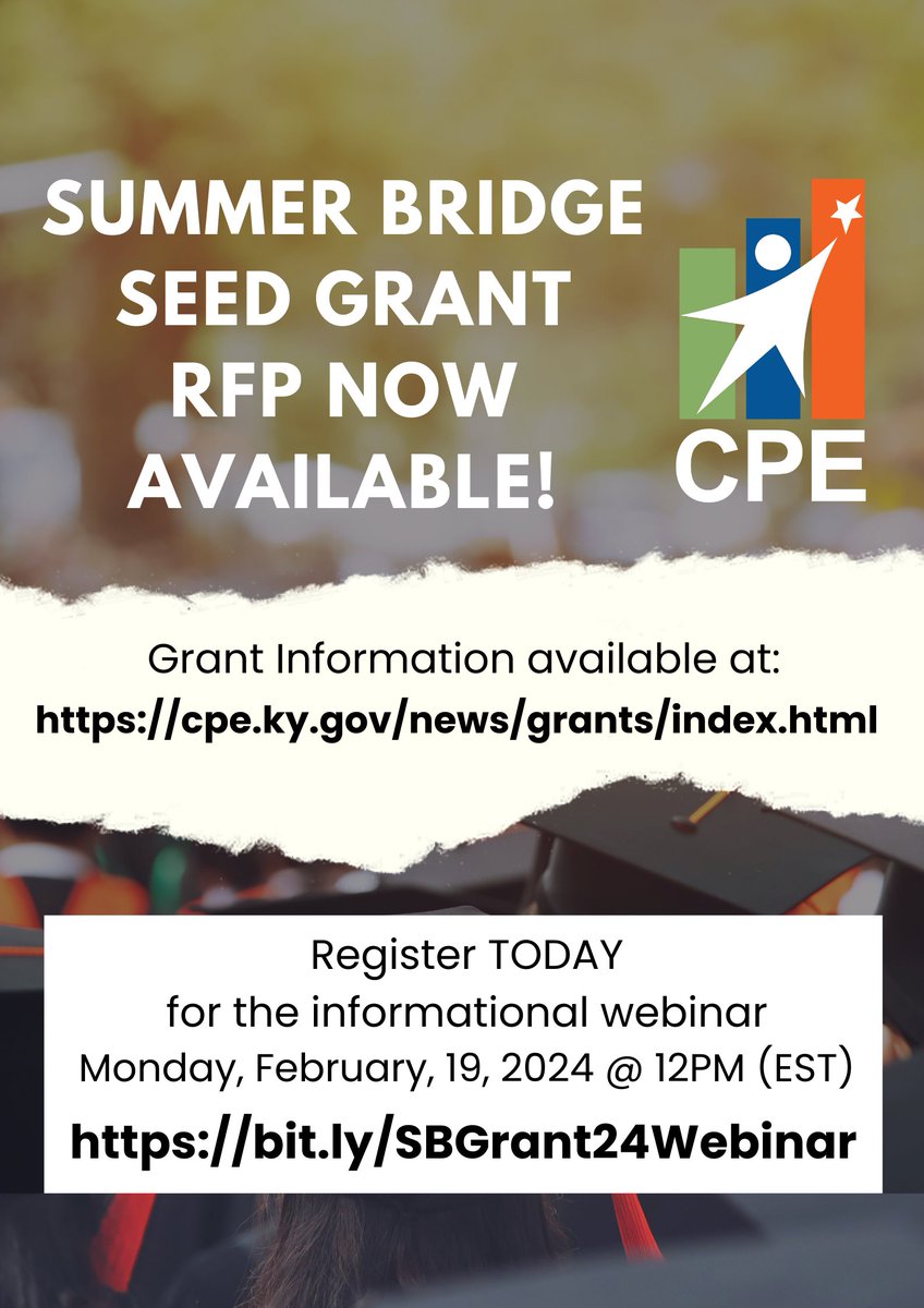 #SummerBridge seed grants now available for 2024 Programs. Detailed information & instructions for the request for proposals found at: cpe.ky.gov/news/grants/in…. Proposals due by noon on Monday, March 4, 2024. @CPENews @cpepres @apelli2 @robinhebert3 @TWalsh_CPEKAA @PhyllisClark