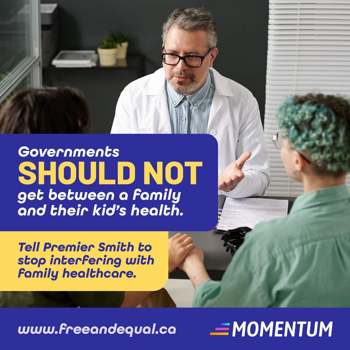 Alberta Premier Danielle Smith's new anti-LGBTQ+ policies interfere in the relationship between doctors and their patients. Tell the Premier to stop getting involved in family health care decisions. Send a letter today: buff.ly/3whz6wn