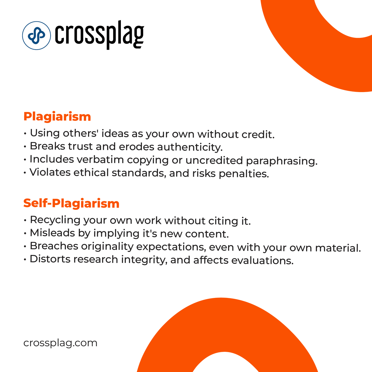 crossplag's tweet photo. There is a thin line (well, technically 4 letters and a dash but still) between plagiarism and self-plagiarism.

Simply put, the former is copying from someone without letting everybody know while the latter is copying from your past self.

#plagiarism #originalityTips https://t.co/yUs1xZjI5P