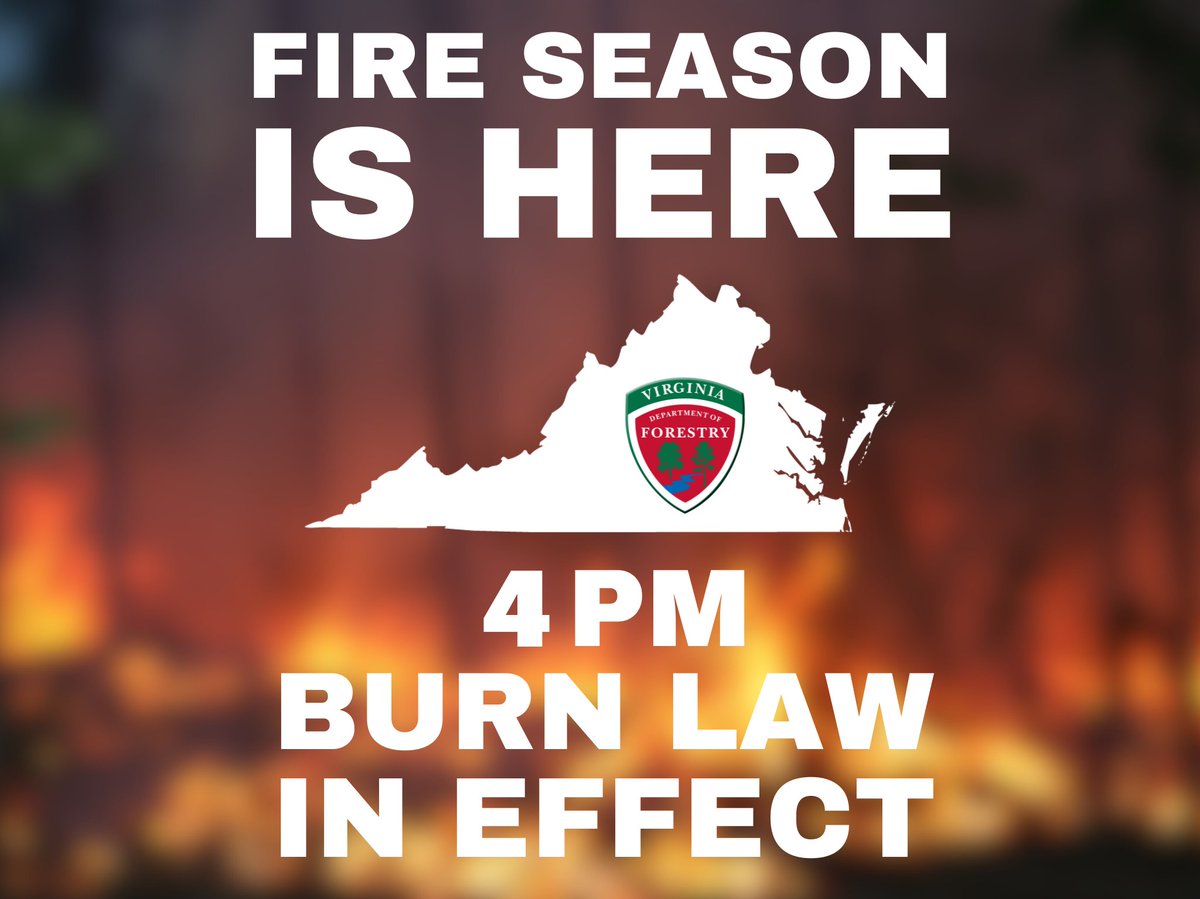 Virginia's statewide 4 p.m. burning law is in effect now through April 30. The law restricts outdoor burning until after 4 p.m. when wildfire risk is generally lower. Learn more: ow.ly/qayX50QBQhI
