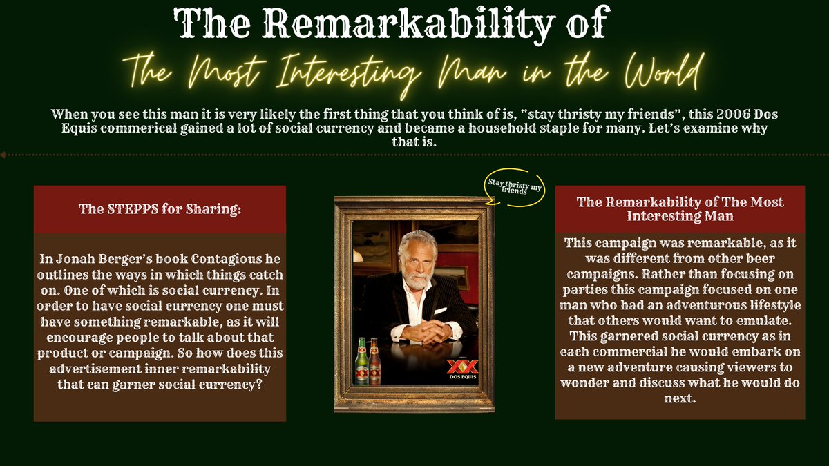 HBPR217856's tweet photo. What are the STEPPS for creating the most interesting campaign? Using Jonah Berger’s STEPPS model let’s explore how Dos Equis created the most interesting man and beer campaign in the world.
#mimspr #DosEquis #STEPPS #PR https://t.co/SqdR8prpAh
