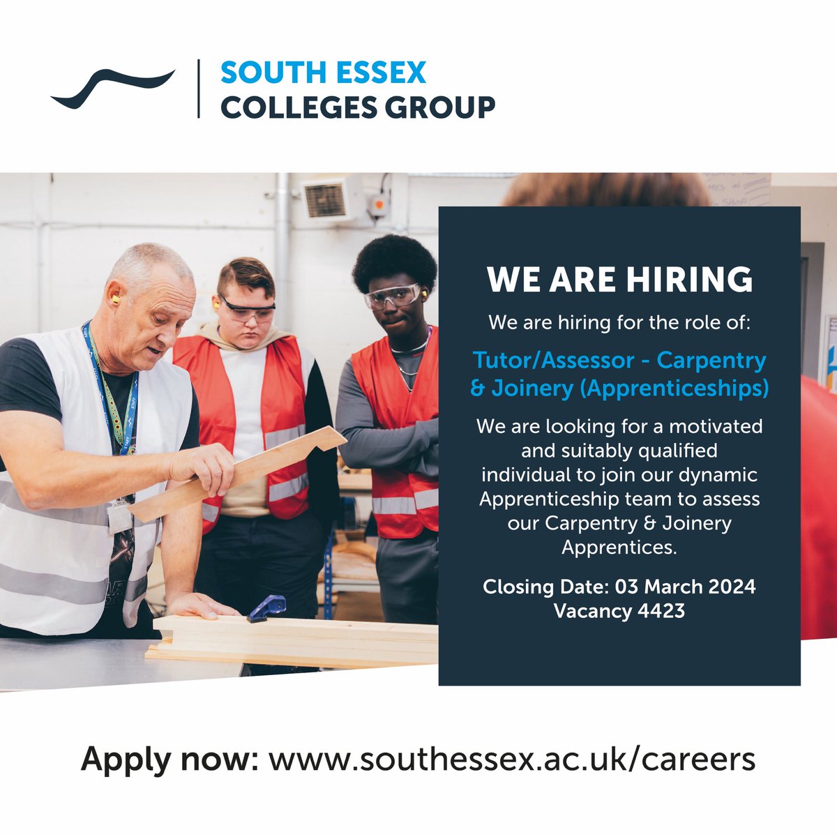 South Essex Colleges Group are hiring for a motivated and suitably qualified individual to join our dynamic Apprenticeship team to assess our Carpentry & Joinery Apprentices Apply here: jobs.southessex.ac.uk/rEcruit/Recrui…