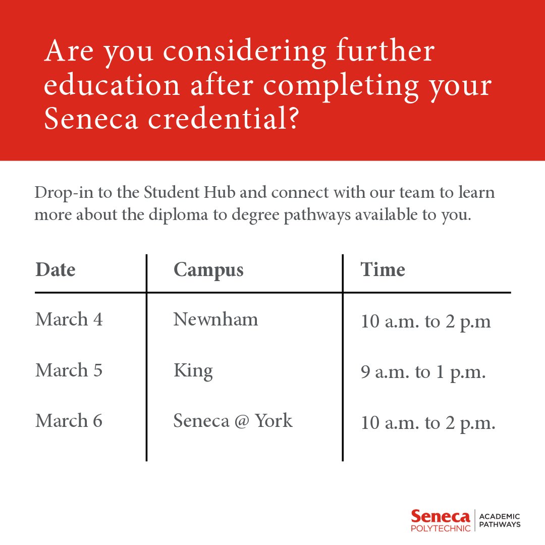 Are you considering further education after completing your Seneca credential? 🎓

If so, visit us in The Service Hub to connect with our Academic Pathways team to learn more about the diploma to degree pathways available to you. 📚

See you there! 👋