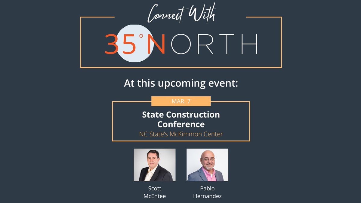 35_North_'s tweet photo. Connect with #35North team members at these upcoming industry events. 

■ ISPE-CaSA Tech Show | Wednesday, Feb. 28 | Raleigh Convention Center 

■ State Construction Conference | Thursday, Mar. 7 | NC State’s McKimmon Conference &amp; Training Center https://t.co/G6JuUouopL