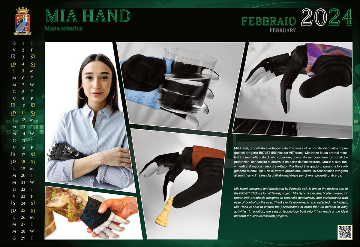 segredifesa's tweet photo. La Difesa al fianco dei cittadini. #Febbraio del #calendario 2024 di #Segredifesa. #MiaHand protesi mioelettrica multiarticolata, impiegata nel progetto 🇮🇹-🇺🇸 BIOVET (BIOnics for VETerans) in collaborazione con Centro #Veterani della #Difesa.
#ProgettiamoilFuturo https://t.co/WA4IIJ6O9F