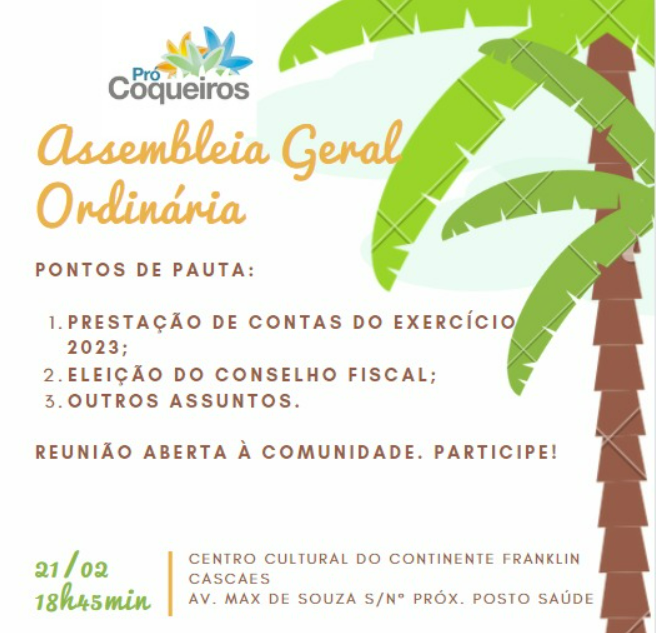 procoqueiros's tweet photo. ASSEMBLEIA GERAL ORDINÁRIA
EDITAL DE CONVOCAÇÃO
A Associação dos Moradores de Coqueiros Pró-Coqueiros, convoca a comunidade de Coqueiros para a Assembleia Geral Ordinária, a ser realizada no dia 21 de fevereiro de 2024, no Centro Cultural do Continente Franklin Cascaes, + https://t.co/ZlRRqt9pmc