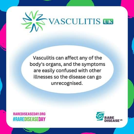 ZoiAn2's tweet image. 14 days to the #RareDiseaseDay, #vasculitis is a rare  #rheumatic #autoimmune disease! #raredisease There are over 18 different types of vasculitis, each type extremely rare in its own right!
We are supporting #rarediseaseday24