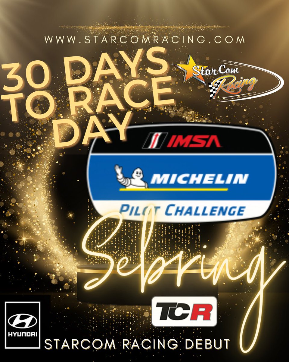 30 days from today StarCom Racing will make its first race in the Michelin Pilot Challenge Series. It will feature our Hyundai Elantra in StarCom Colors! #IMSA