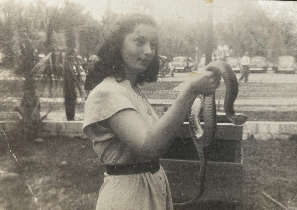 One of my favorite family photographs: My grandmother Estelle z'l in Wakulla County, Florida, c. 1945-46. The caption reads 'Indigo Snake.'