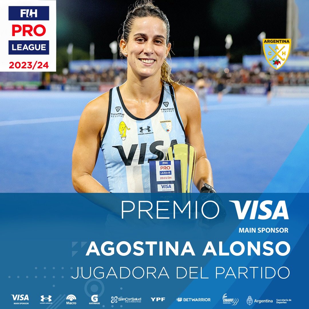 ArgFieldHockey's tweet photo. ¡Felicitaciones, Agos! 👏
@AlonsoAgos fue distinguida como Figura del Partido y recibió el premio VISA luego que #LasLeonas 🇦🇷 vencieran a Bélgica por 5 a 0 en la FIH PRO LEAGUE.
#VISAMainSponsor
🤜🇦🇷🤛 https://t.co/CHadQehQTq