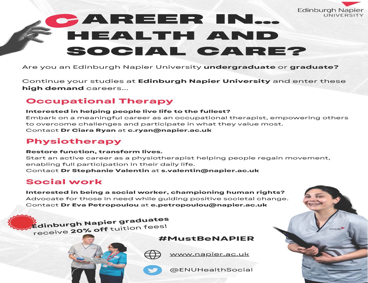 napier.ac.uk/courses/study-… Interested in studying Masters Physiotherapy Occupational Therapy or Social work? #MustBeNapier. Continue your post graduate studies at Edinburgh Napier @PhysioSocNapier @ENU_OT_