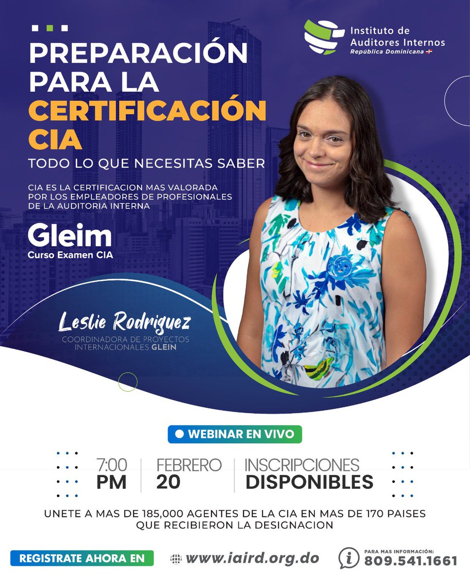 IAIRD01's tweet photo. “PREPARACIÓN PARA LA CERTIFICACIÓN CIA” Todo lo que necesitas saber de la mano de Leslie Rodriguez  actual directora de proyectos internacionales GLEIM

Inscribete accediendo a: https://t.co/xuPRZwukuc https://t.co/dImLb96G6P