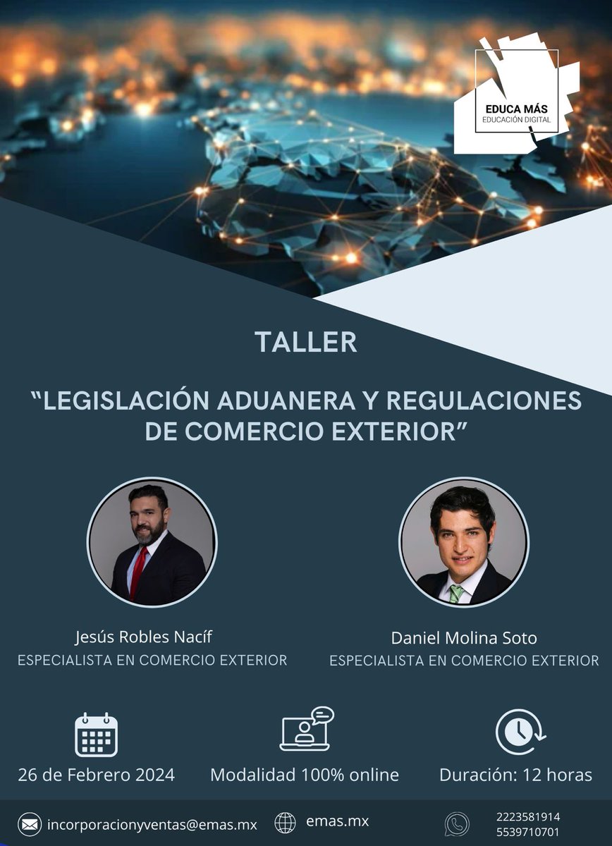 EducaMas23's tweet image. Impulsa tus capacidades en #ComercioExterior , inscríbete al Taller “Legislación Aduanera y Regulaciones de Comercio Exterior”
Inicio: 26 de Febrero 2024  Modalidad: 100% online  Duración: 12 horas. 
Informes:   incorporacionyventas@emas.mx 
#IMMEX #PROSEC #OEA #aduanas…