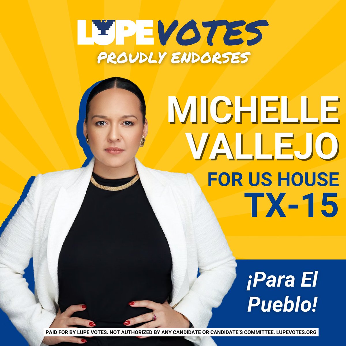 LUPE Votes is proud to endorse @MichelleVforTX for Congress for #TX15. Con Michelle Vallejo, ¡si se puede! Join our Pueblo Powered movement and sign up to volunteer at lupevotes.org/volunteer 🗳️