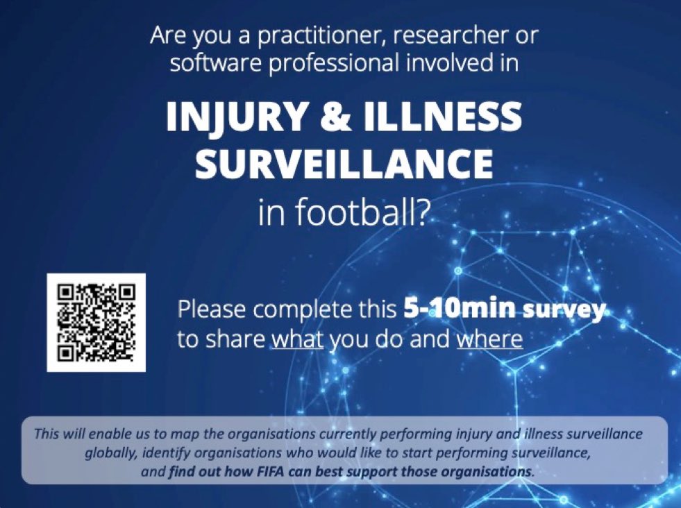 Are you a practitioner, researcher or software professional involved in injury & Illness surveillance in football? Please complete and share this short survey. All retweets greatly appreciated. fifa.eu.qualtrics.com/jfe/form/SV_42…