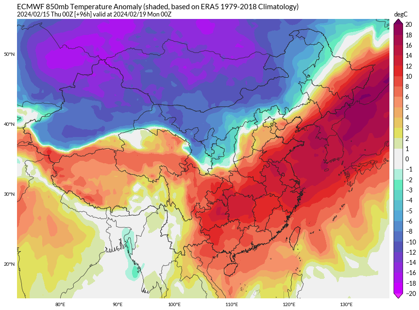 yangyubin1998's tweet photo. Eastern China will experience a heat wave that is rare in history from February 17th to 20th. The temperature in the south will exceed 30C ,Guangxi, Yunnan and Hainan will exceed 35C. Hundreds of weather stations are expected to set new records for February! @extremetemps https://t.co/sxBOkNdp6U