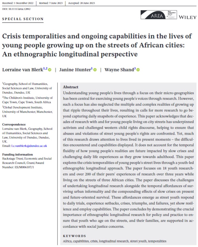 6/ Next is a paper by <a href="/LvanBlerk/">Lorraine van Blerk</a>, <a href="/JanineHH258/">Janine Hunter</a> and Wayne Shand:

'Crisis temporalities and ongoing capabilities in the lives of young people growing up on the streets of African cities: An ethnographic longitudinal perspective'.

doi.org/10.1111/area.1…