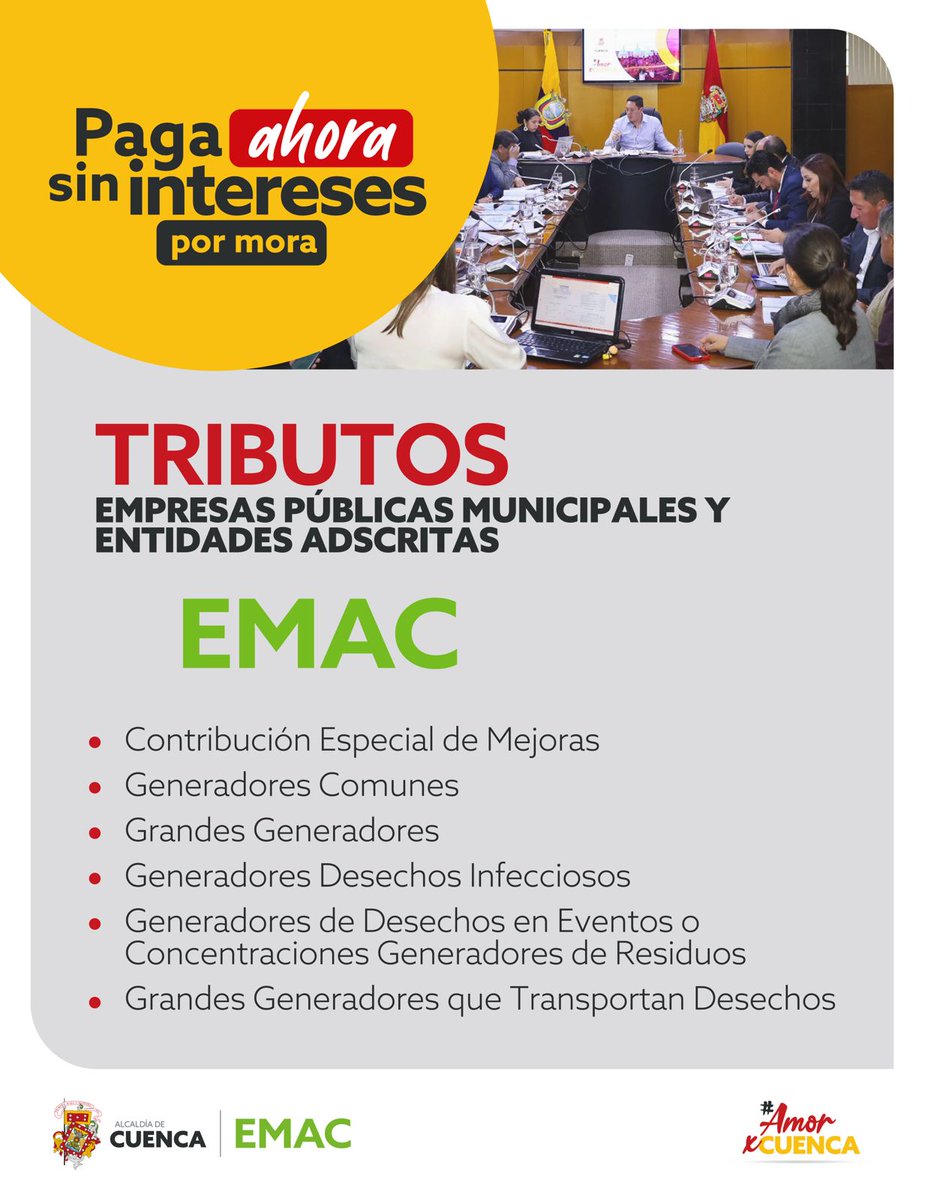 emac_ep's tweet photo. ¡Paga ahora #SinIntereses por #mora! 😉 También en la EMAC EP puedes cancelar tus impuestos y tasas sin intereses, tras la publicación de la #Ordenanza para la Remisión de Intereses, Multas y Recargos de Tributos. ¡Todo lo hacemos con #AmorPorCuenca!❤️💛 https://t.co/glqOdCNrGs