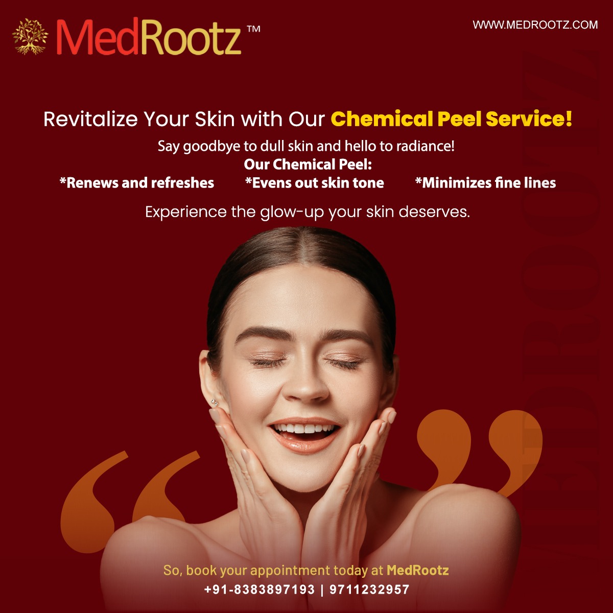 #Chemicalpeel #Peel #ChemicalPeeling #Scars #chemicalpeelseason #chemicalpeelfacial #Blemishes #Medrootzclinic #MedRootz #BestDermatologist #DermatologistClinic #correctivesurgeries #OnlineConsultation #skin #DesiredResults #skintreatment #skincare #beauty #skincareroutine