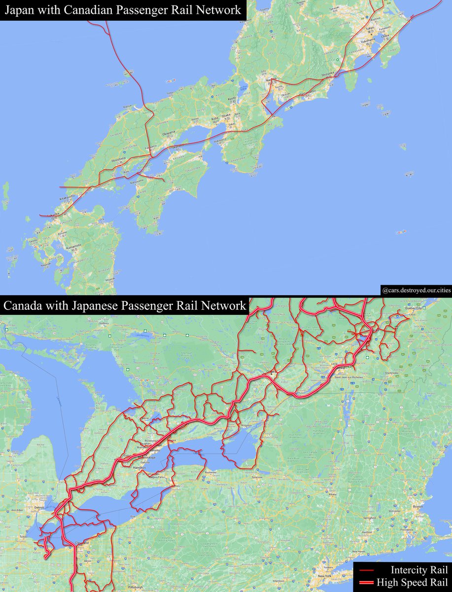 Here’s what it would look like if these parts of Japan and Canada swapped their passenger rail networks, to scale.