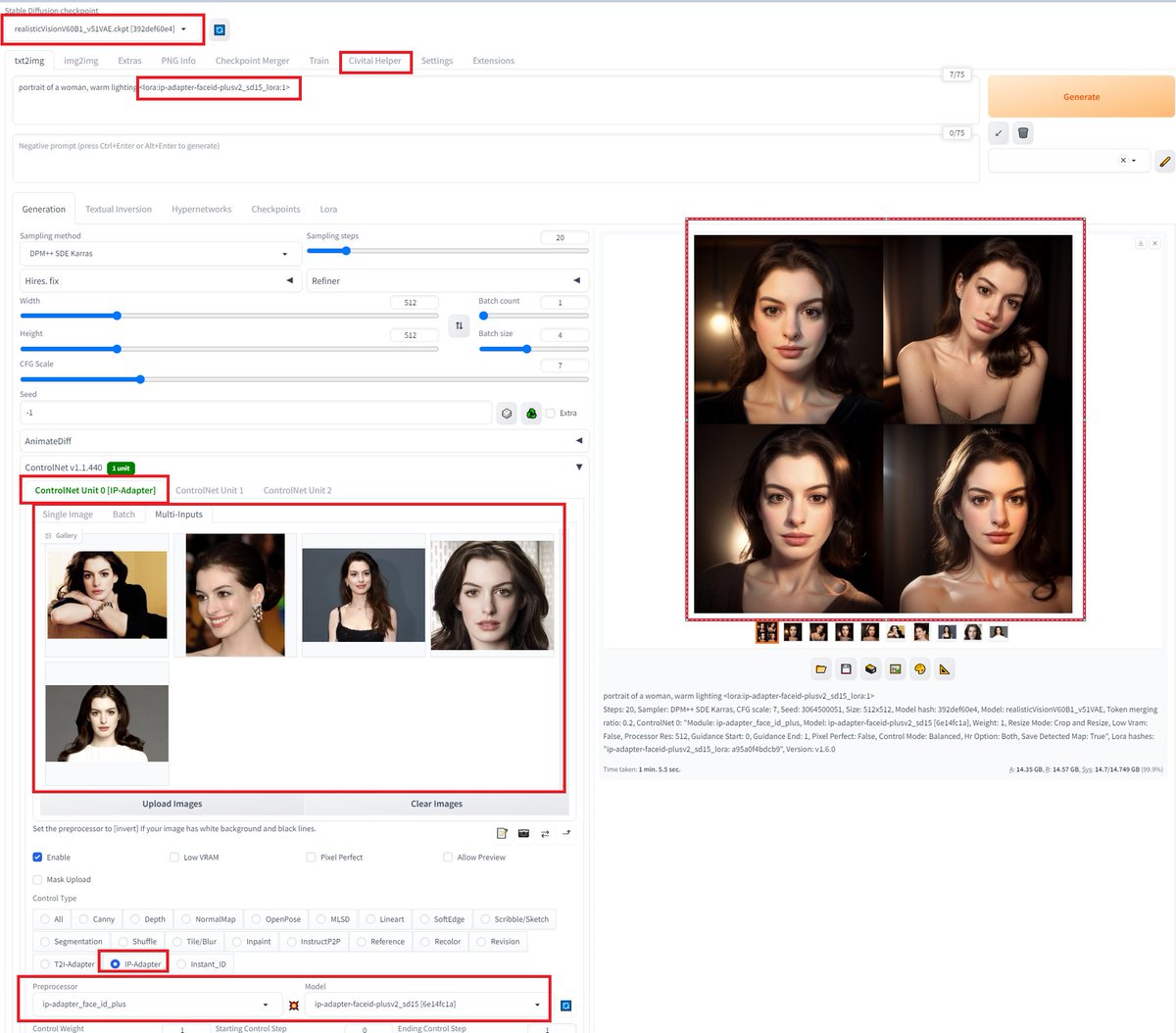 卧槽了 !!  IP-Adapter 这么牛逼的插件，我竟然才用上

不说海瑟薇很像吧，就简直一模一样。

SOP：

1/ CivitAi helper (贼推荐这 extension, 通行 CivitAi 无阻）

2/ CivitAI 找 Realistic 模型

3/ pip install insightface ( 这货把我折腾惨了，缺了它，完全感受不到 IP-Adapter 的魔力)