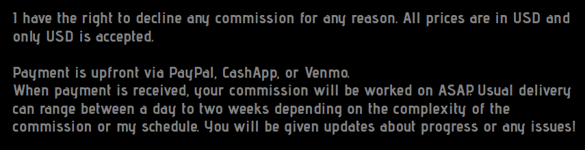 nearsgarden's tweet photo. My updated commission info! My commissions are re-open to save for food and other expenses. If you're interested, contact me through direct messages or on Discord (nearsgarden).πͺ½
#utaucommissions #rvccommissions #commissions https://t.co/GAXLN2nM2v