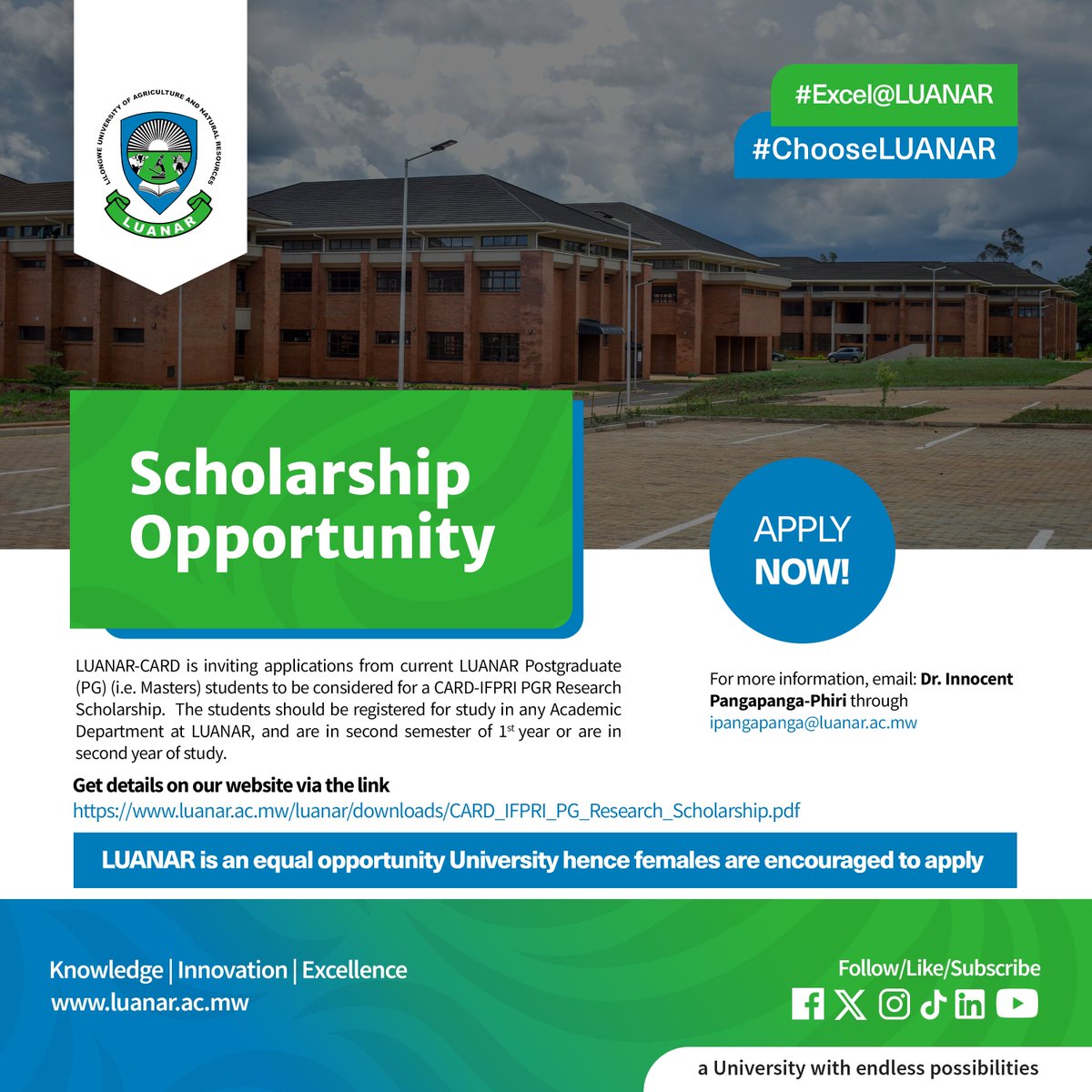 Luanarofficial's tweet photo. Scholarship Opportunity!

LUANAR-CARD is inviting applications from current LUANAR Postgraduate (PG) (i.e. Masters) students to be considered for a CARD-IFPRI PGR Research Scholarship.  The students should be registered for study in any Academic Department at LUANAR and are in the second semester of their first year or are in their second year of study. 

Get details on our website via the link: 
https://t.co/eBapxgQUFD