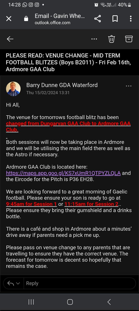 VENUE CHANGE - MID TERM BLITZES (Boys B2011) will now take place in @ardmoregaa tomorrow morning with the first session commencing at 10:00am 👍👏🏐 @CnamB_Waterford @WaterfordGAA @west_waterford @EastDeiseGAA @darrybunne @JamesLacey8 @ConorPrenderg11 @WhelanGavin @midcountygda